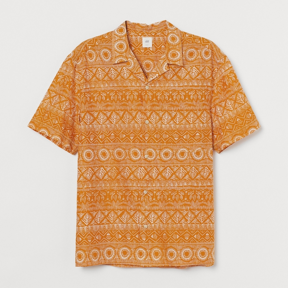 H&M Orange Patterned Short Sleeve Resort Shirt | SZ L